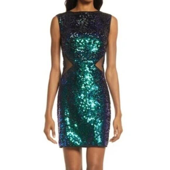 Sho by Tadashi Shoji Iridescent Green Sequin Cutout Dress Size XL NWT - Picture 2 of 9